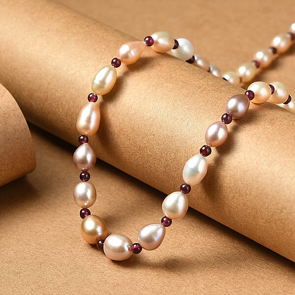 Multi Color Freshwater Pearl And Mozambique Garnet 10.00 Ctw Necklace In Rhodium Over Sterling Silver 18 Inches