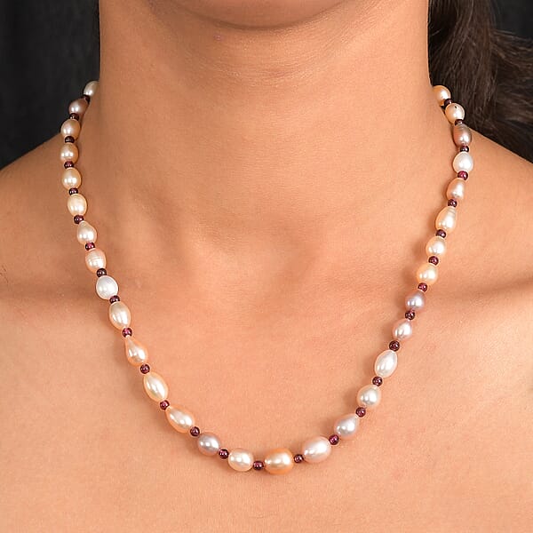 Multi Color Freshwater Pearl And Mozambique Garnet 10.00 Ctw Necklace In Rhodium Over Sterling Silver 18 Inches