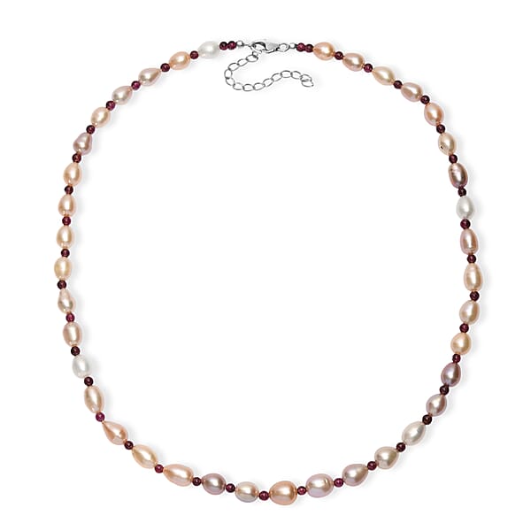 Multi Color Freshwater Pearl And Mozambique Garnet 10.00 Ctw Necklace In Rhodium Over Sterling Silver 18 Inches