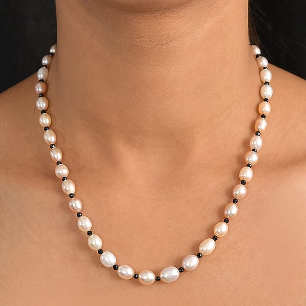 Multi Color Freshwater Pearl And Mozambique Garnet 8.00 Ctw Necklace In Rhodium Over Sterling Silver 18 Inches
