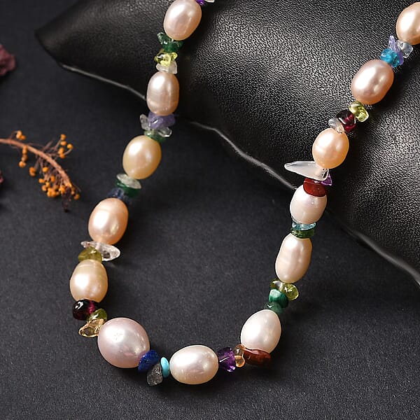Multi Color Freshwater Pearl And Multi Gemstone 10.00 Ctw Necklace In Rhodium Over Sterling Silver 18 Inches