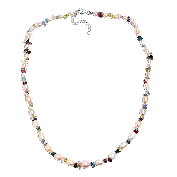 Multi Color Freshwater Pearl And Multi Gemstone 10.00 Ctw Necklace In Rhodium Over Sterling Silver 18 Inches