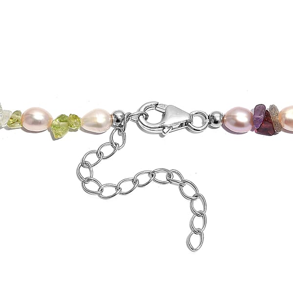 Multi Color Freshwater Pearl And Multi Gemstone 10.00 Ctw Necklace In Rhodium Over Sterling Silver 18 Inches