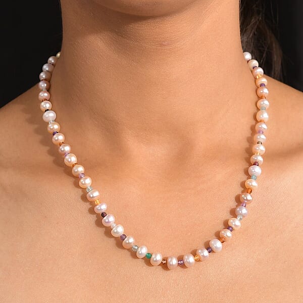 Multi Color Freshwater Pearl And Multi Gemstone 10.00 Tw Necklace 18 Inches In Rhodium Over Sterling Silver