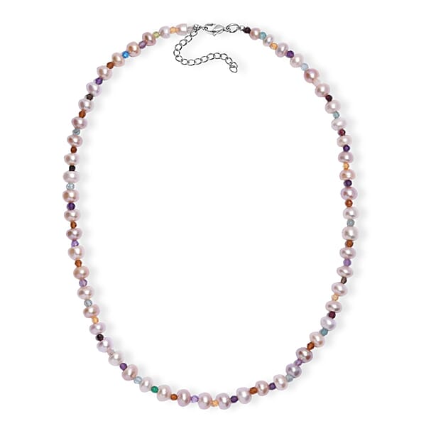 Multi Color Freshwater Pearl And Multi Gemstone 10.00 Tw Necklace 18 Inches In Rhodium Over Sterling Silver