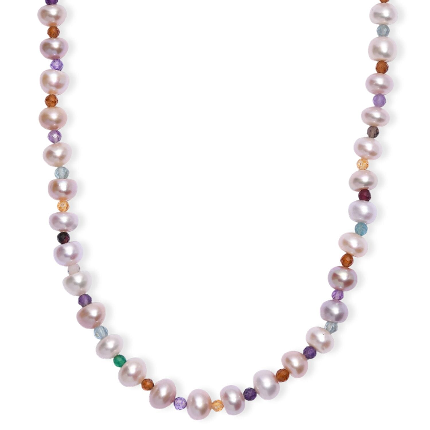 Multi Color Freshwater Pearl and Multi Gemstone 10.00 tw Necklace 18 Inches in Rhodium Over Sterling Silver