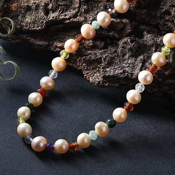 Multi Color Freshwater Pearl And Multi Gemstone 22 Ctw Rainbow Grace Necklace 18 Inches In Rhodium Over Sterling Silver