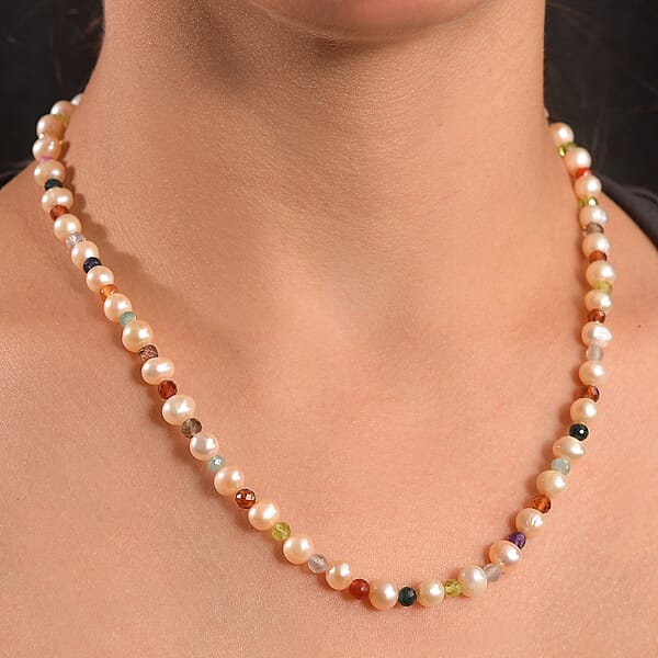 Multi Color Freshwater Pearl And Multi Gemstone 22 Ctw Rainbow Grace Necklace 18 Inches In Rhodium Over Sterling Silver