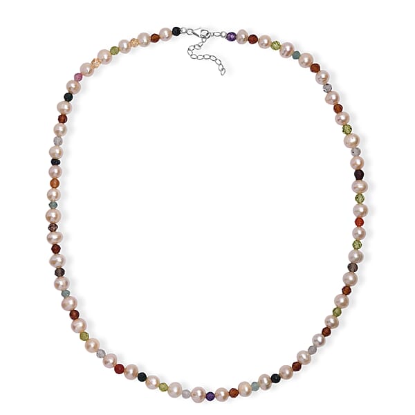 Multi Color Freshwater Pearl And Multi Gemstone 22 Ctw Rainbow Grace Necklace 18 Inches In Rhodium Over Sterling Silver
