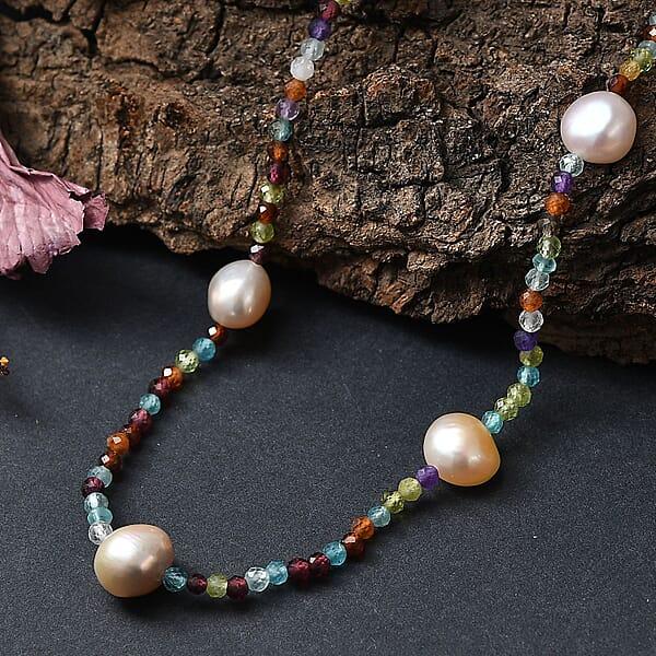 Multi Color Freshwater Pearl And Multi Gemstone 30 Ctw Necklace 24 Inches In Rhodium Over Sterling Silver