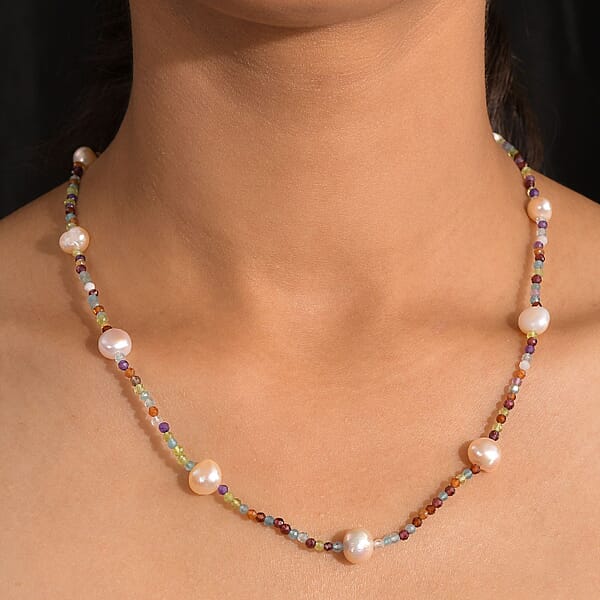 Multi Color Freshwater Pearl And Multi Gemstone 30 Ctw Necklace 24 Inches In Rhodium Over Sterling Silver