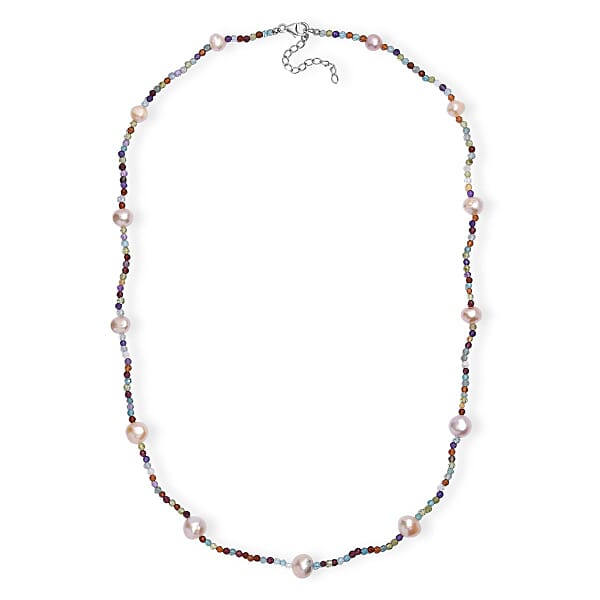 Multi Color Freshwater Pearl And Multi Gemstone 30 Ctw Necklace 24 Inches In Rhodium Over Sterling Silver