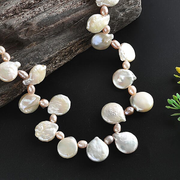 Multi Color Freshwater Pearl Oval And Fancy Shape Necklace In Rhodium Over Sterling Silver 18 Inches