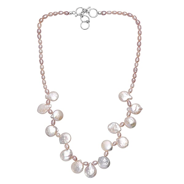 Multi Color Freshwater Pearl Oval And Fancy Shape Necklace In Rhodium Over Sterling Silver 18 Inches