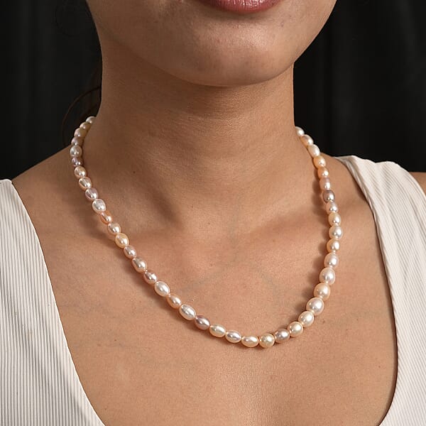 Multi Color Freshwater Pearl Oval Shape Necklace In 18K Vermeil Yellow Gold Over Sterling Silver 18 Inches