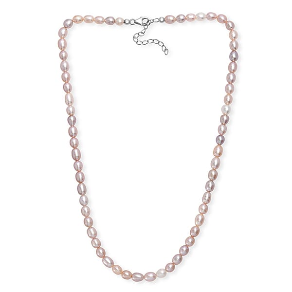Multi Color Freshwater Pearl Rice Shape Necklace In Rhodium Over Sterling Silver 18 Inches