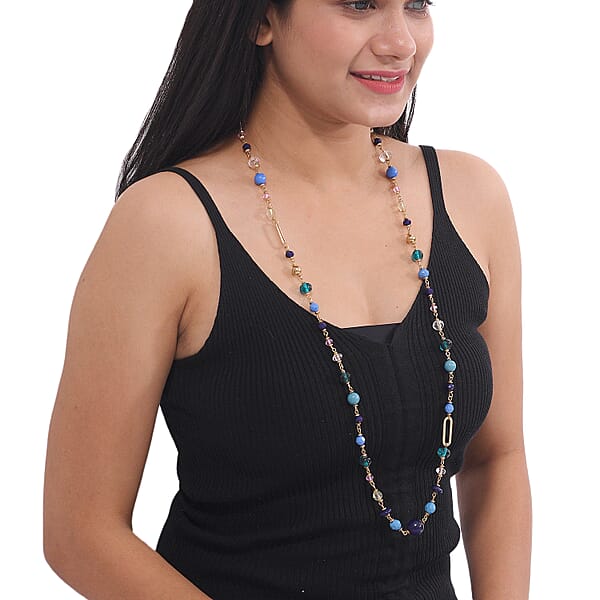 Multi Color Glass Beaded Necklace In Goldtone 36-38 Inches