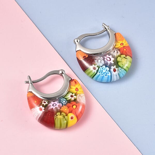 Multi Color Murano Style Basket Earrings In Stainless Steel With Lifetime Guarantee