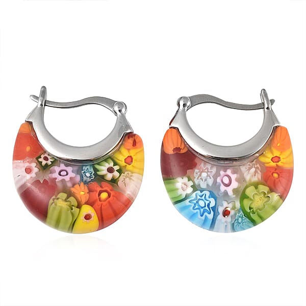 Multi Color Murano Style Basket Earrings In Stainless Steel With Lifetime Guarantee