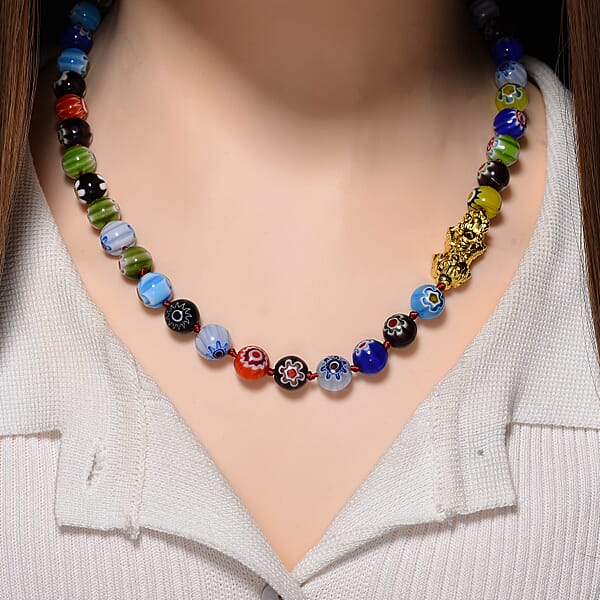 Multi Color Murano Style Beaded Necklace With Pixiu Charm In Goldtone 20 Inches