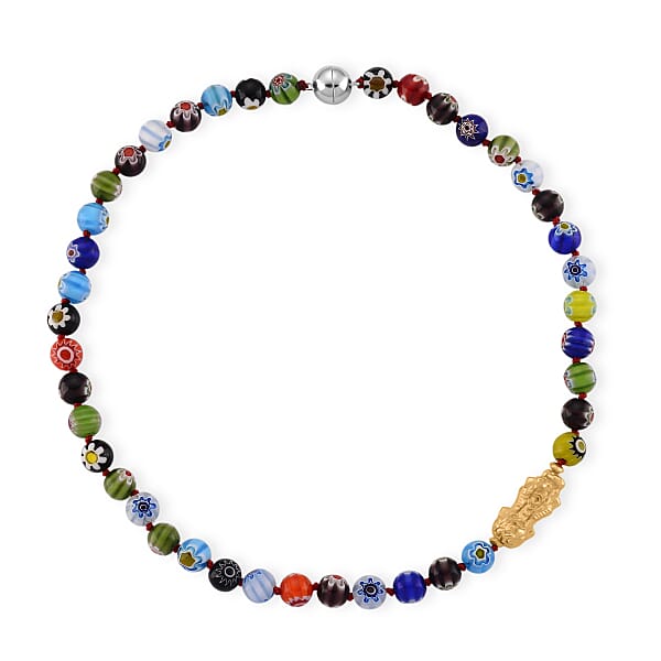 Multi Color Murano Style Beaded Necklace With Pixiu Charm In Goldtone 20 Inches