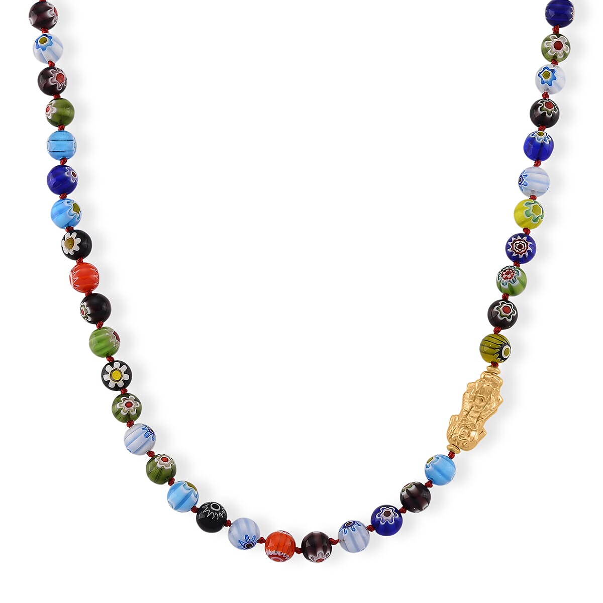 Multi Color Murano Style Beaded Necklace with Pixiu Charm in Goldtone 20 Inches