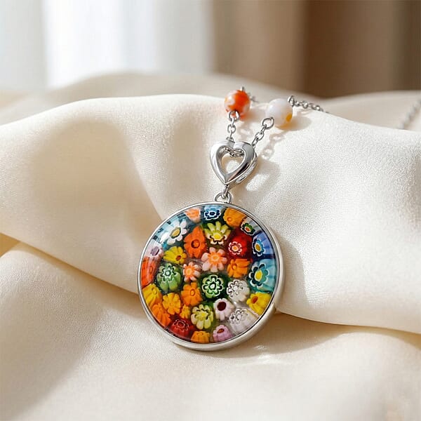 Multi Color Murano Style Beaded Pendant And Necklace 24 Inches In Stainless Steel