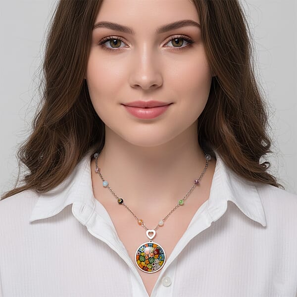 Multi Color Murano Style Beaded Pendant And Necklace 24 Inches In Stainless Steel