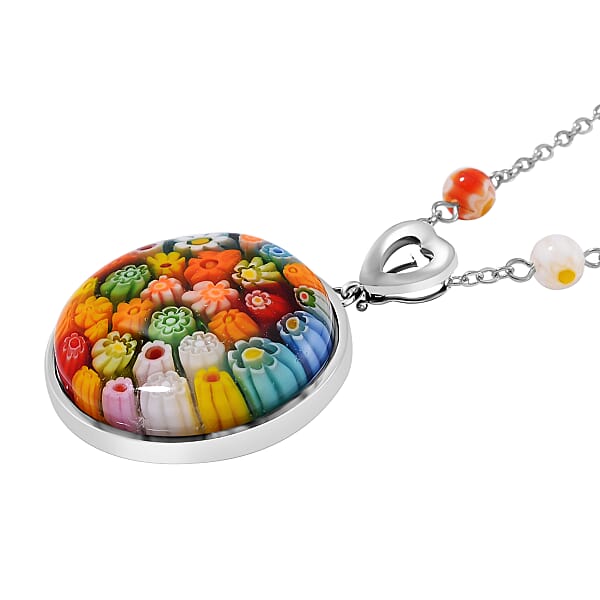 Multi Color Murano Style Beaded Pendant And Necklace 24 Inches In Stainless Steel