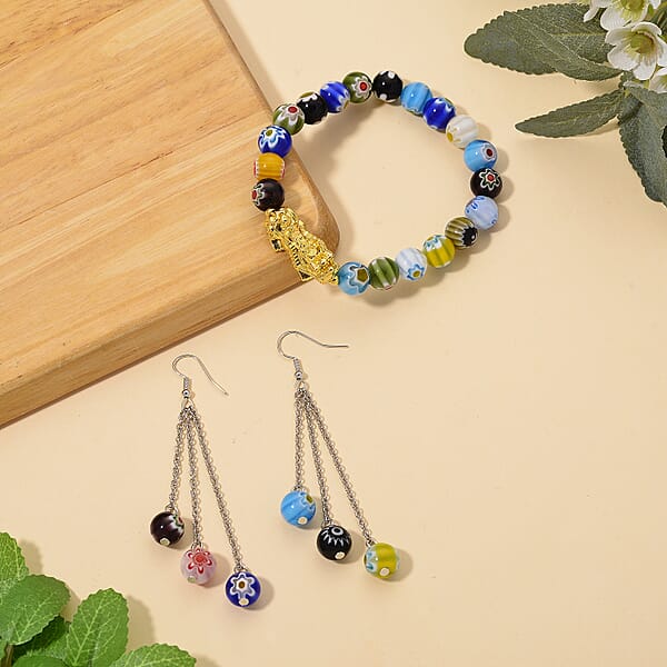 Multi Color Murano Style Beaded Stretch Bracelet With Pixiu Charm And Dangling Earrings In Goldtone And Stainless Steel