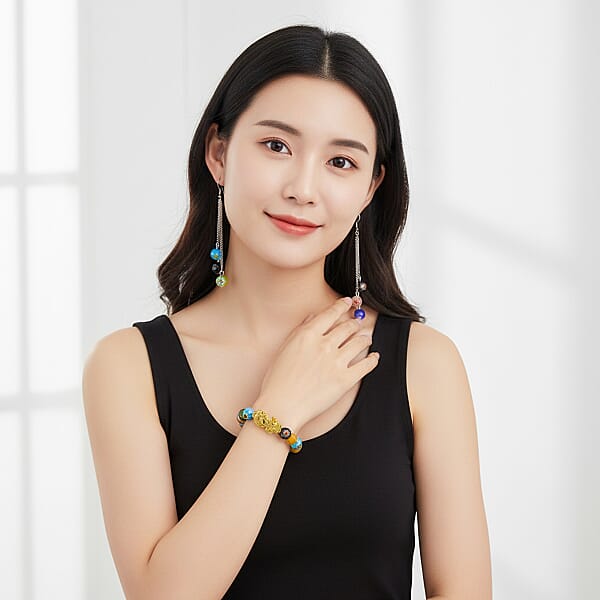Multi Color Murano Style Beaded Stretch Bracelet With Pixiu Charm And Dangling Earrings In Goldtone And Stainless Steel