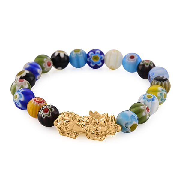 Multi Color Murano Style Beaded Stretch Bracelet With Pixiu Charm And Dangling Earrings In Goldtone And Stainless Steel