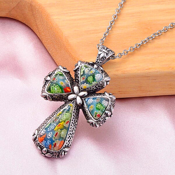Multi Color Murano Style Cross Pendant Necklace In Black Oxidized Stainless Steel 20 Inches