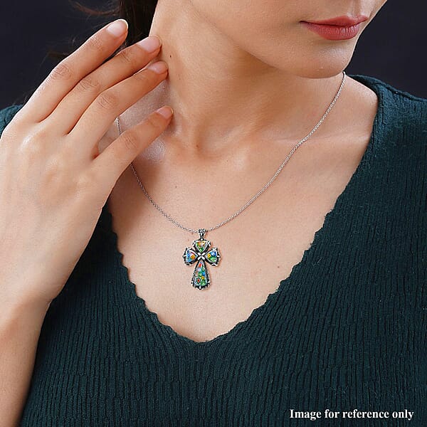 Multi Color Murano Style Cross Pendant Necklace In Black Oxidized Stainless Steel 20 Inches