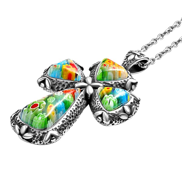 Multi Color Murano Style Cross Pendant Necklace In Black Oxidized Stainless Steel 20 Inches