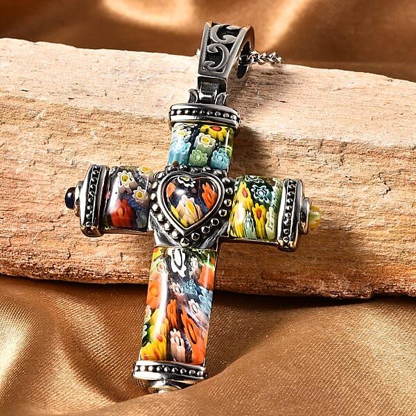 Multi Color Murano Style Cross Pendant Necklace In Black Oxidized Stainless Steel 20 Inches