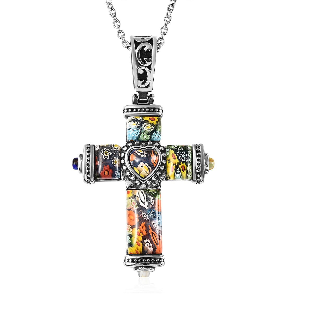 Multi Color Murano Style Cross Pendant Necklace in Black Oxidized Stainless Steel 20 Inches