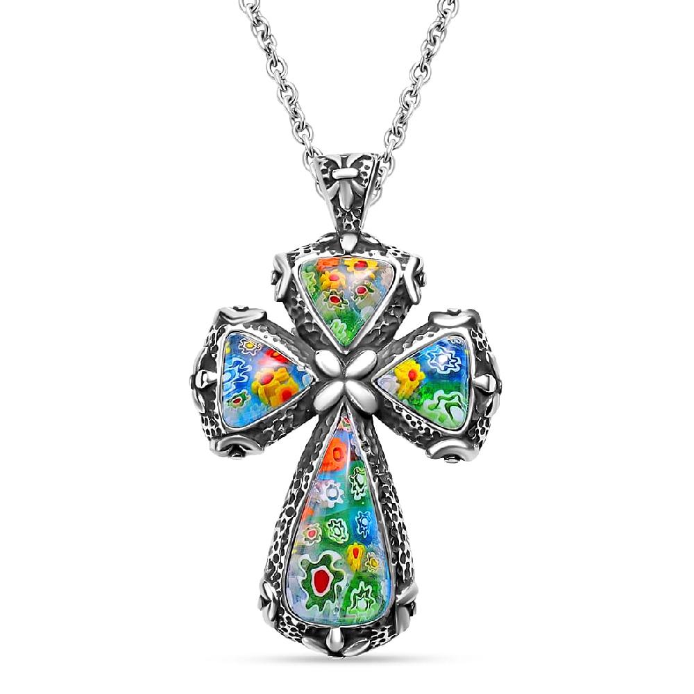Multi Color Murano Style Cross Pendant Necklace in Black Oxidized Stainless Steel 20 Inches