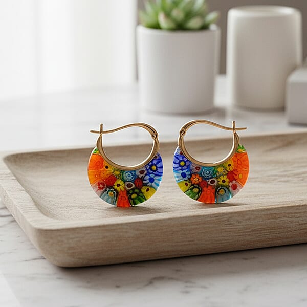 Multi Color Murano Style Solitaire Earrings In 10K Yellow Gold