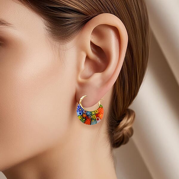 Multi Color Murano Style Solitaire Earrings In 10K Yellow Gold