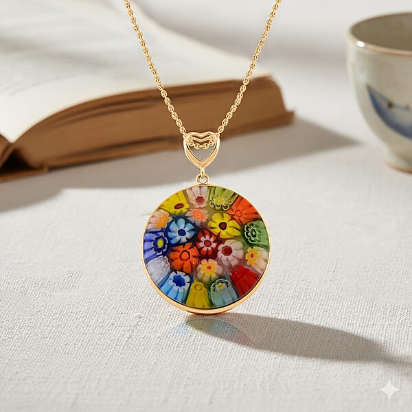 Multi Color Murano Style Solitaire Pendant Necklace In 10K Yellow Gold 18 Inches