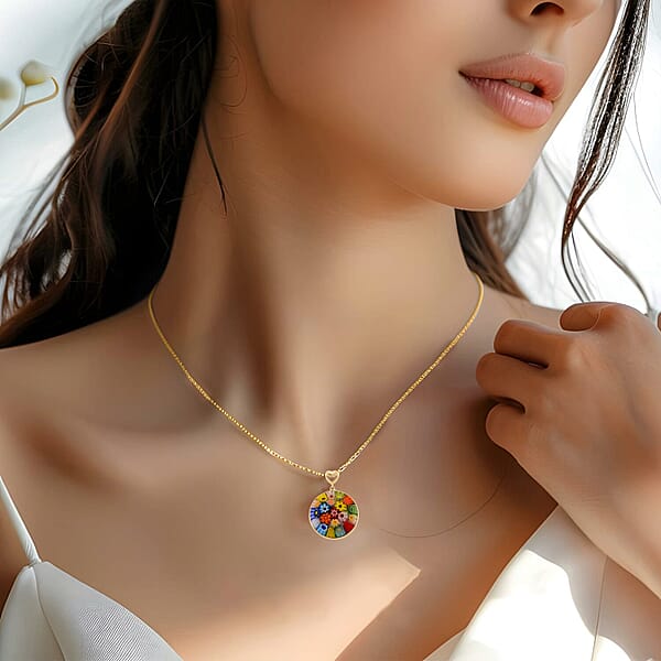 Multi Color Murano Style Solitaire Pendant Necklace In 10K Yellow Gold 18 Inches