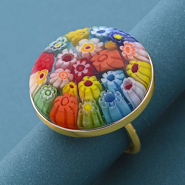 Multi Color Murano Style Solitaire Ring In 10K Yellow Gold