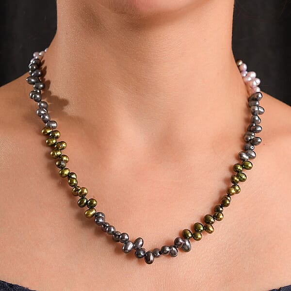 Multi Color Pearl (D) Necklace In Rhodium Over Sterling Silver 18 Inches