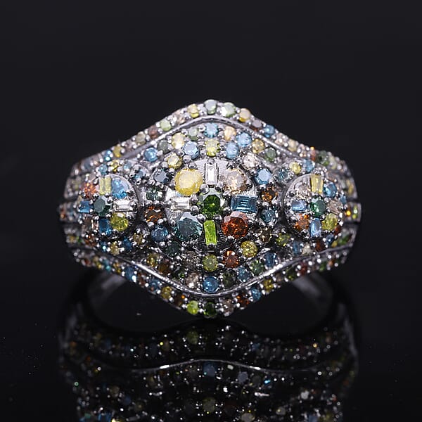 Multi Diamond 1.00 Ctw Floral Majesty Ring In Platinum Over Sterling Silver