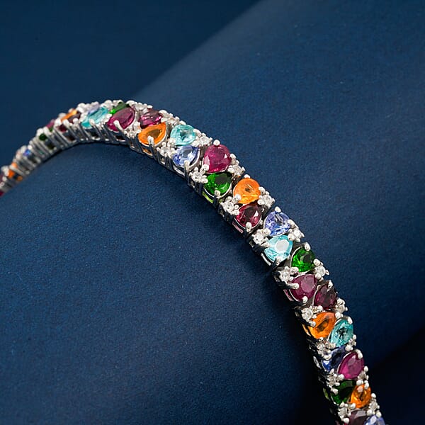 Multi Gemstone 14.00 Ctw Bracelet In Rhodium Over Sterling Silver (6.50 In)