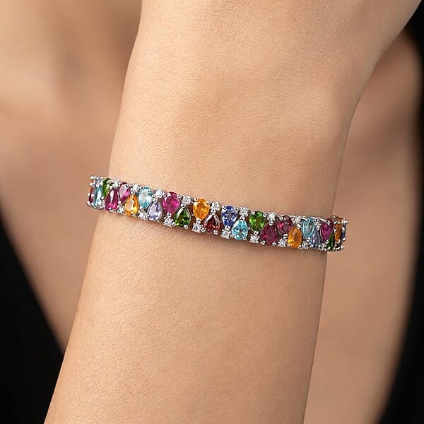 Multi Gemstone 14.00 Ctw Bracelet In Rhodium Over Sterling Silver (6.50 In)