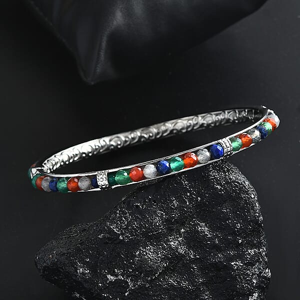 Multi Gemstone 18.00 Ctw Bangle Bracelet In Stainless Steel (7.25 In)