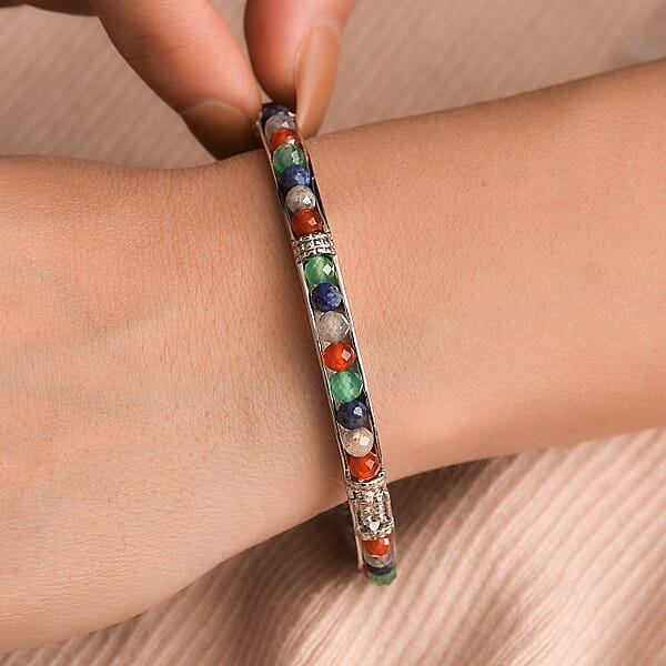 Multi Gemstone 18.00 Ctw Bangle Bracelet In Stainless Steel (7.25 In)