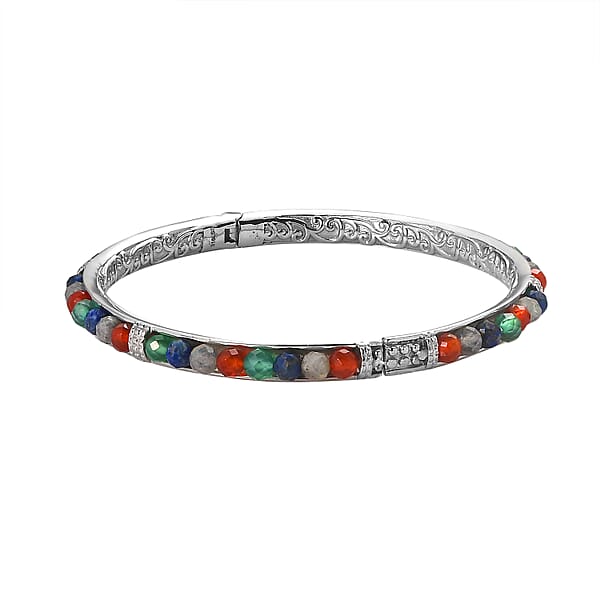 Multi Gemstone 18.00 Ctw Bangle Bracelet In Stainless Steel (7.25 In)